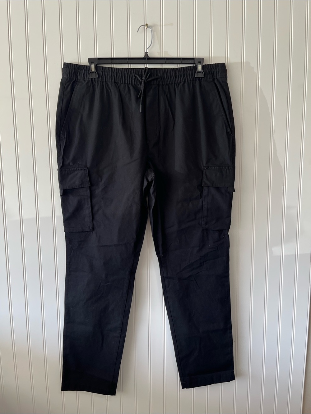 Men's Black Cargo Pants - Elastic Waist Drawstring